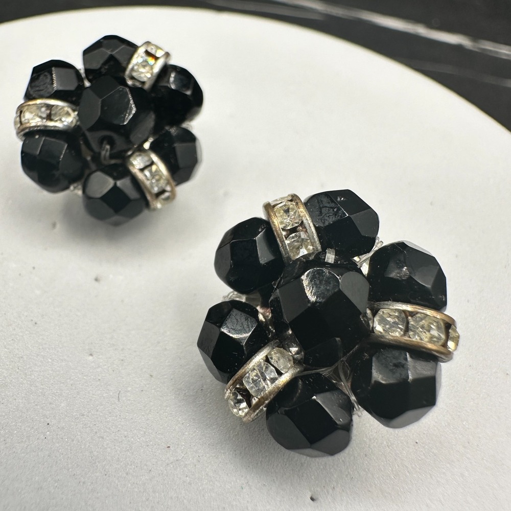 Vintage Black Bead Cluster Clip On Earrings Silver Tone Rhinestone Spacer Womens - Picture 5 of 10